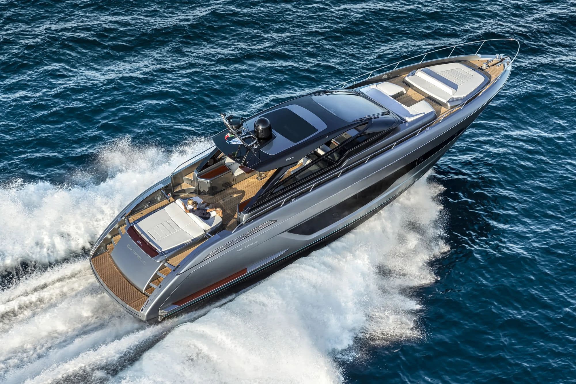 Aerial view of the Riva 68' Diable at speed showing the hardtop and sunpads