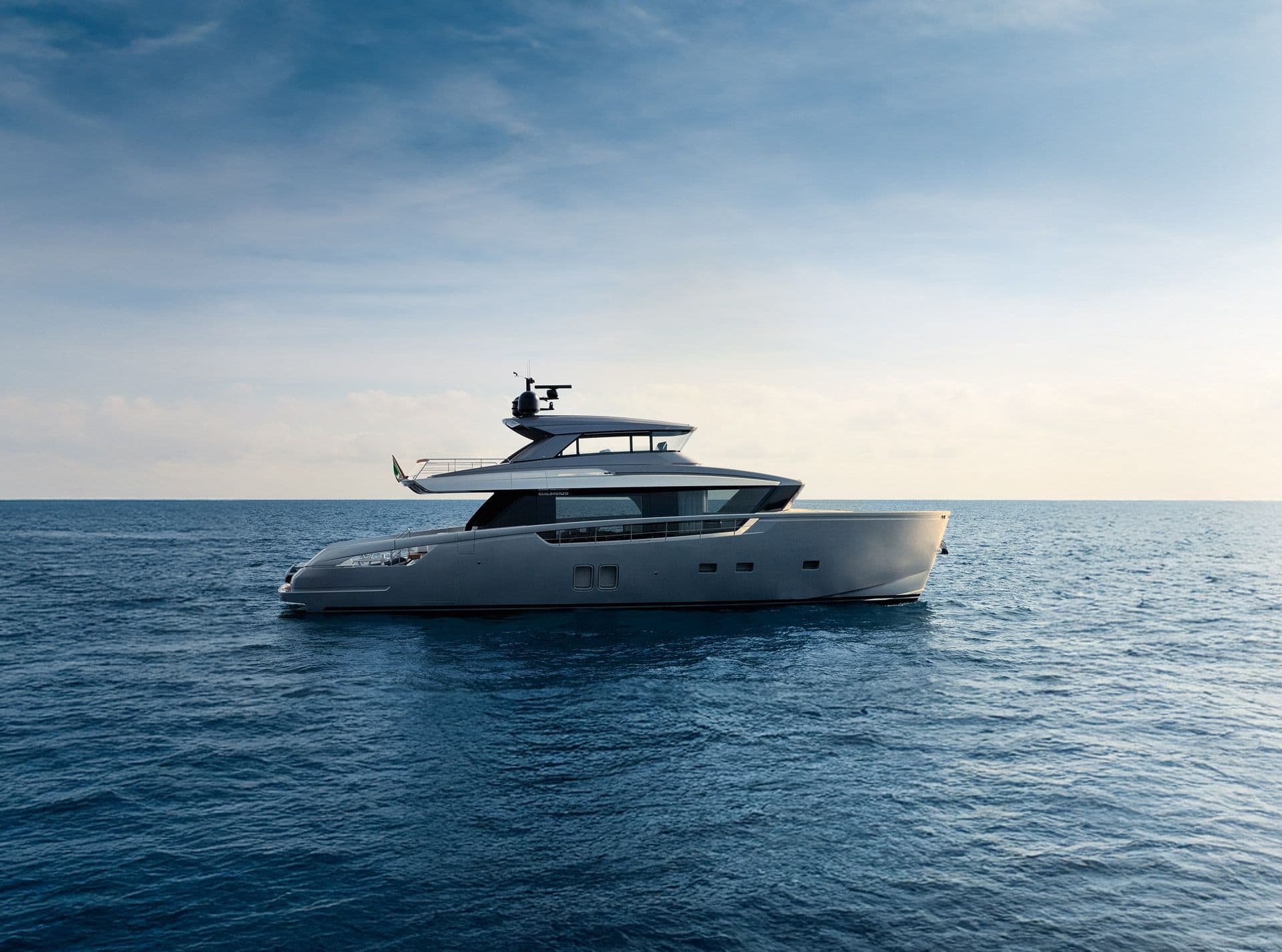 Sanlorenzo SX76 in profile, showing the high bow and flybridge