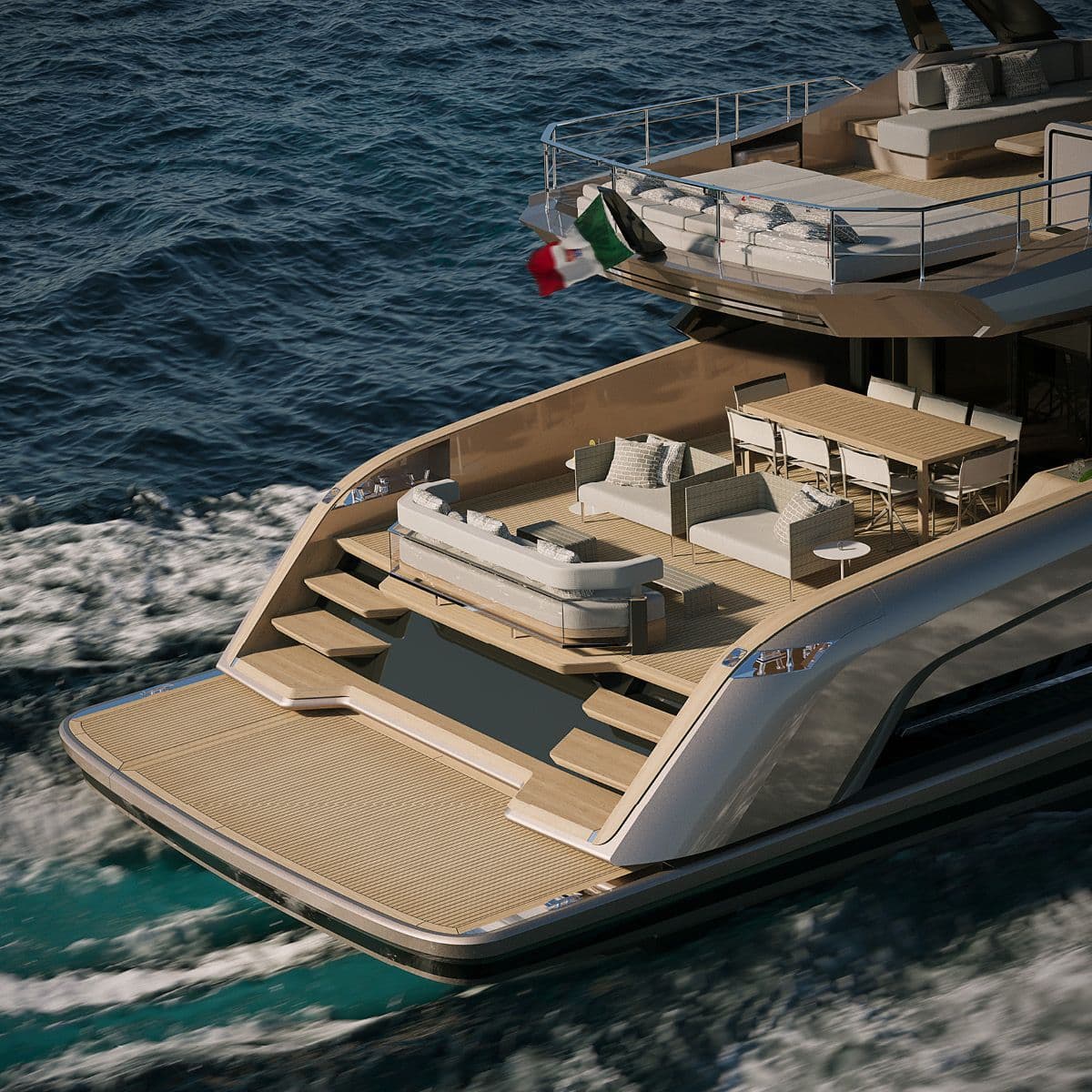 Aerial view of the Solaris Power 70 Long Range cockpit, beach area and flybridge
