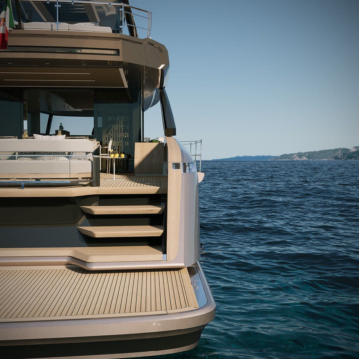 Aft beach area and steps of the Solaris Power 70 Long Range