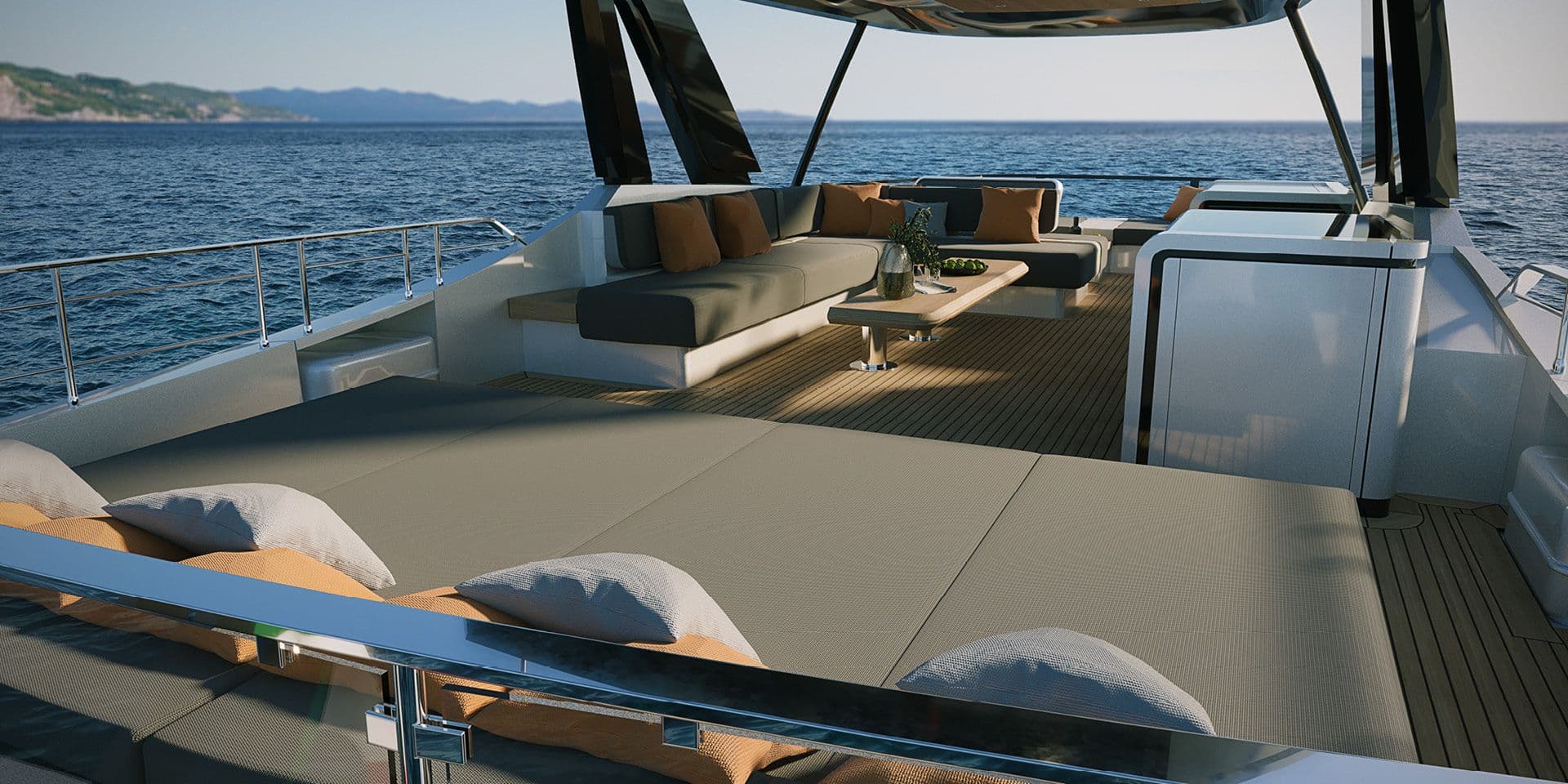 Lounge seating and sunpads on the Solaris Power 70 Long Range flybridge