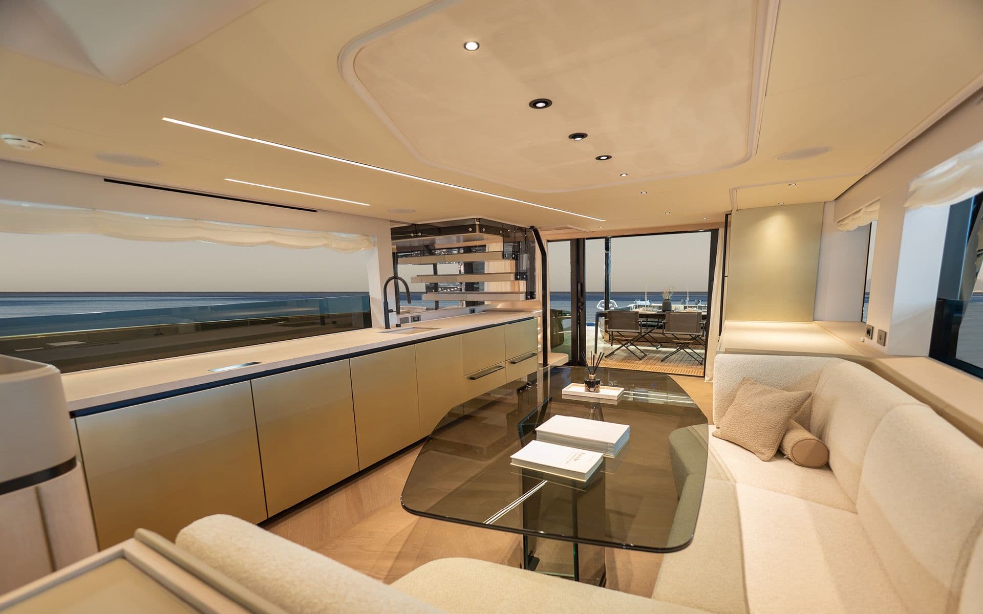 Galley and lounge aboard the Solaris Power 70 Long Range