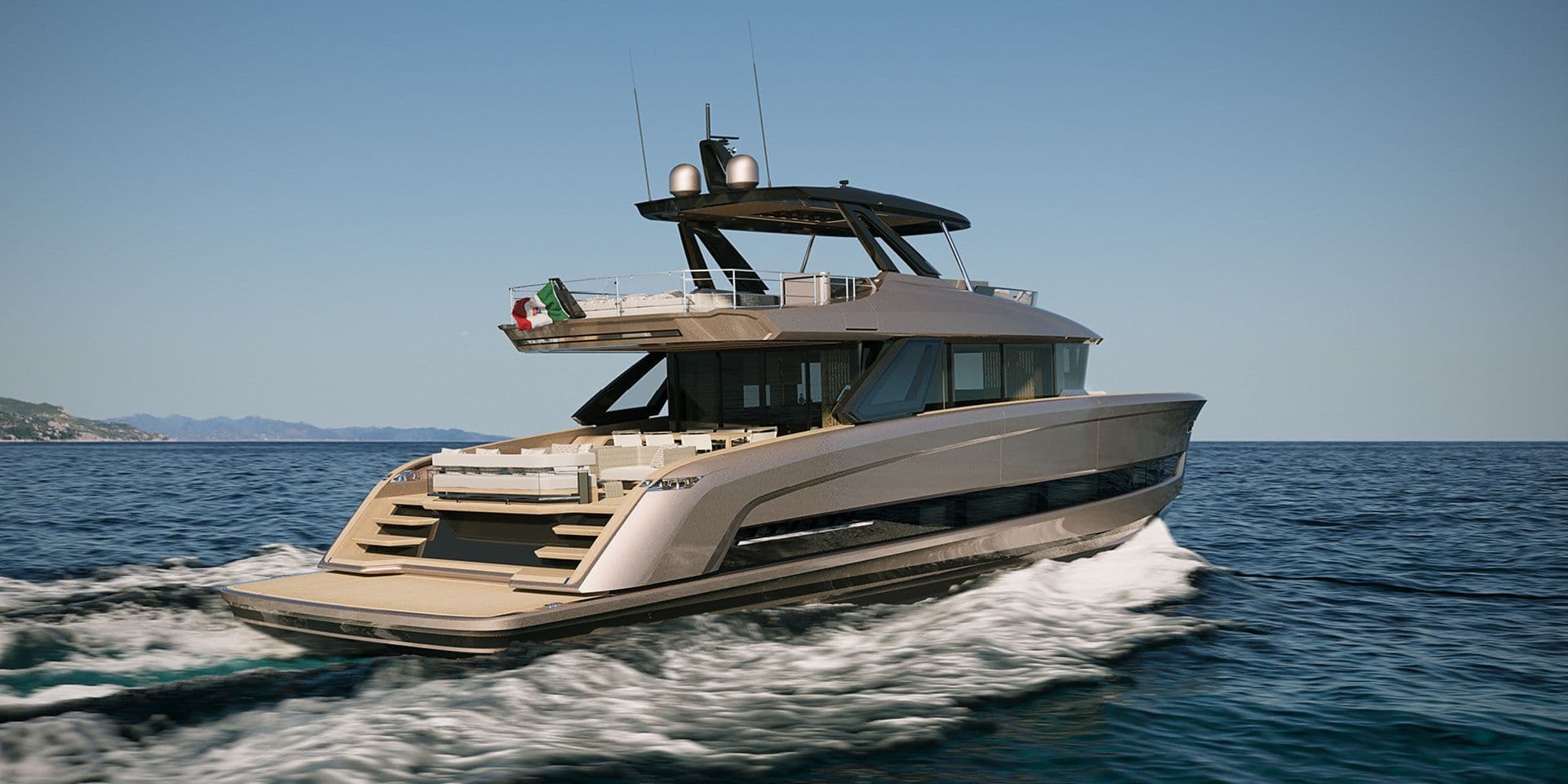 Solaris Power 70 Long Range running at speed with its flybridge hardtop