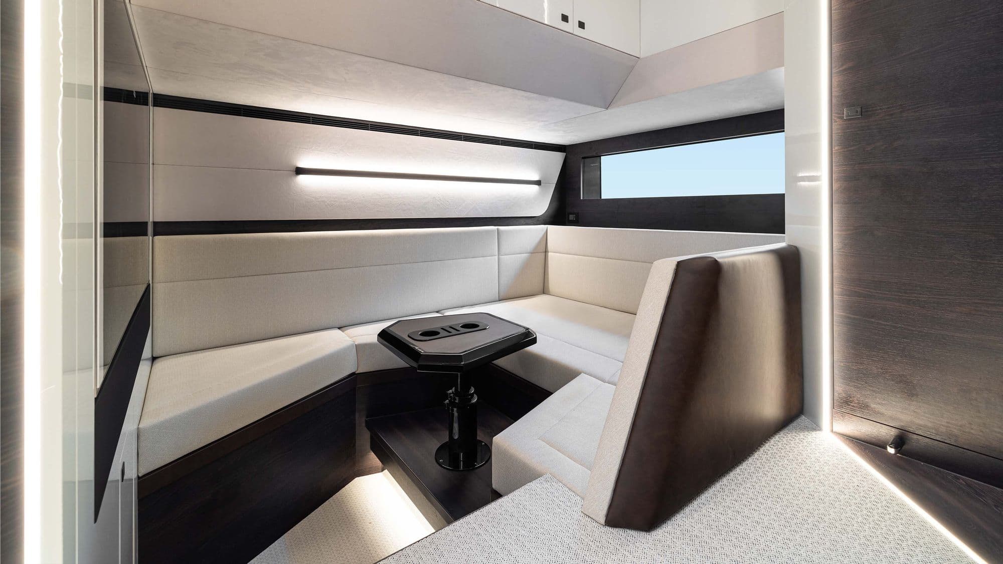 Lounge below deck on the Vanquish VQ70