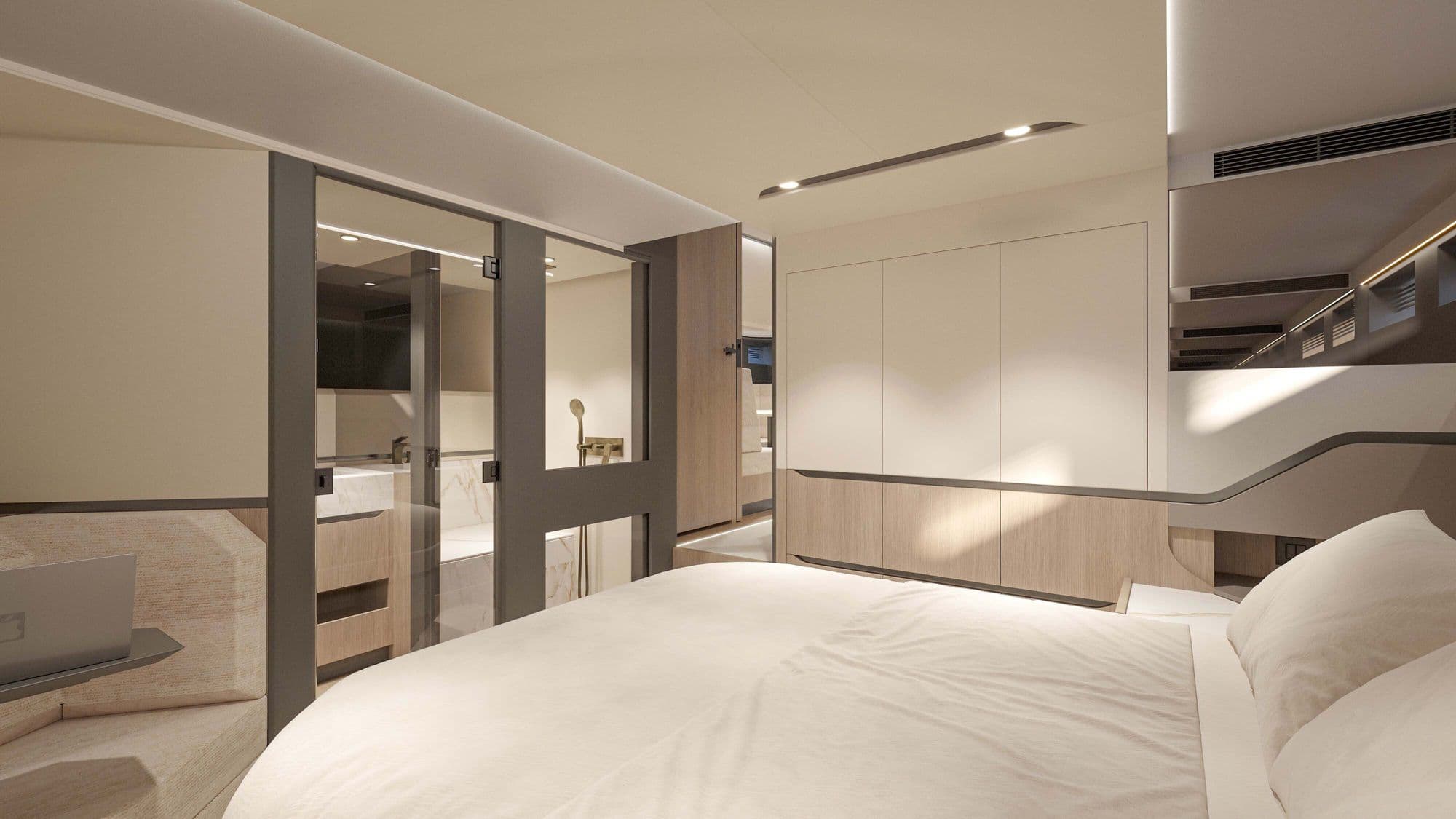 Full-beam owner's cabin with en suite aboard the Vanquish VQ70