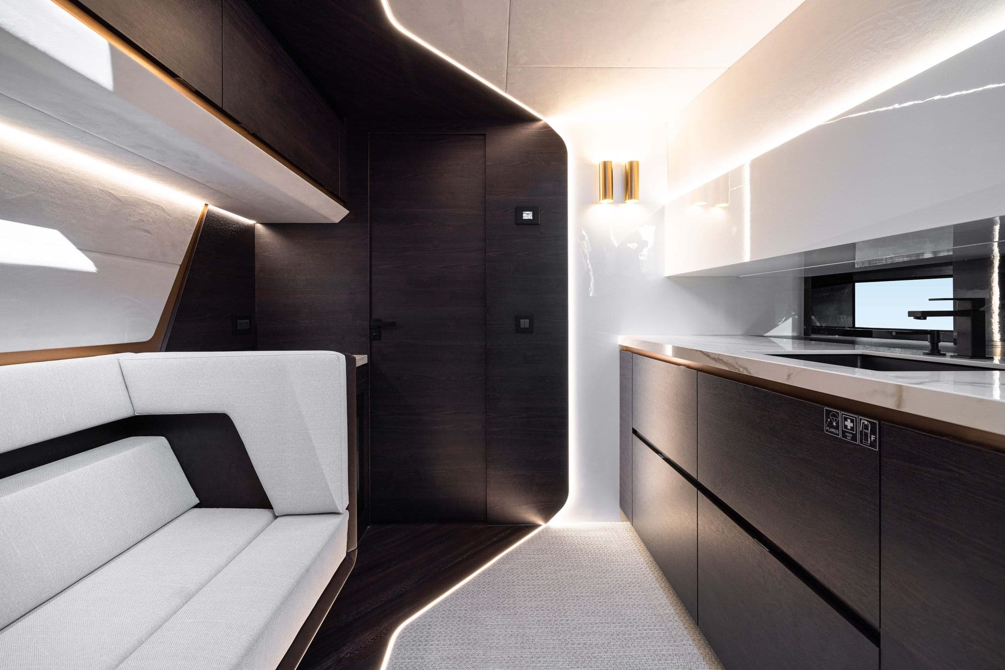 Lower salon and galley of the Vanquish VQ70