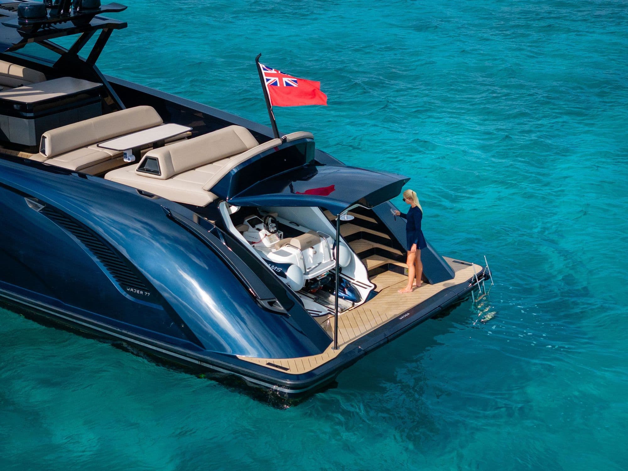 Aft deck of the Wajer 77 with the jet tender hatch and swim platform