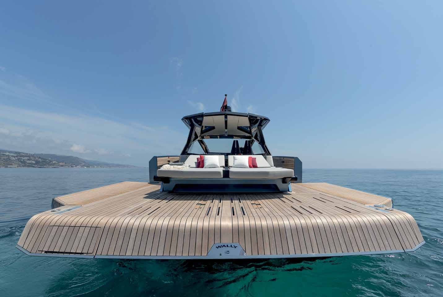 Stern of the wallypower58 with the teak aft platform and folding bulwark wings open