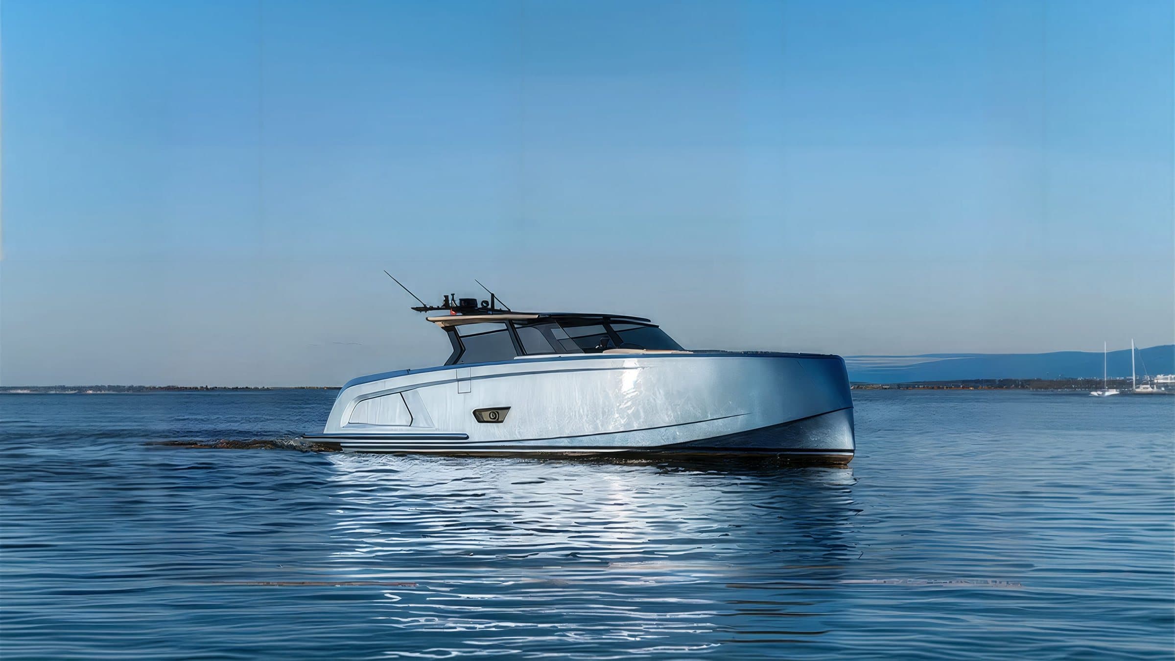 Light blue Vanquish VQ58 cruising on calm water