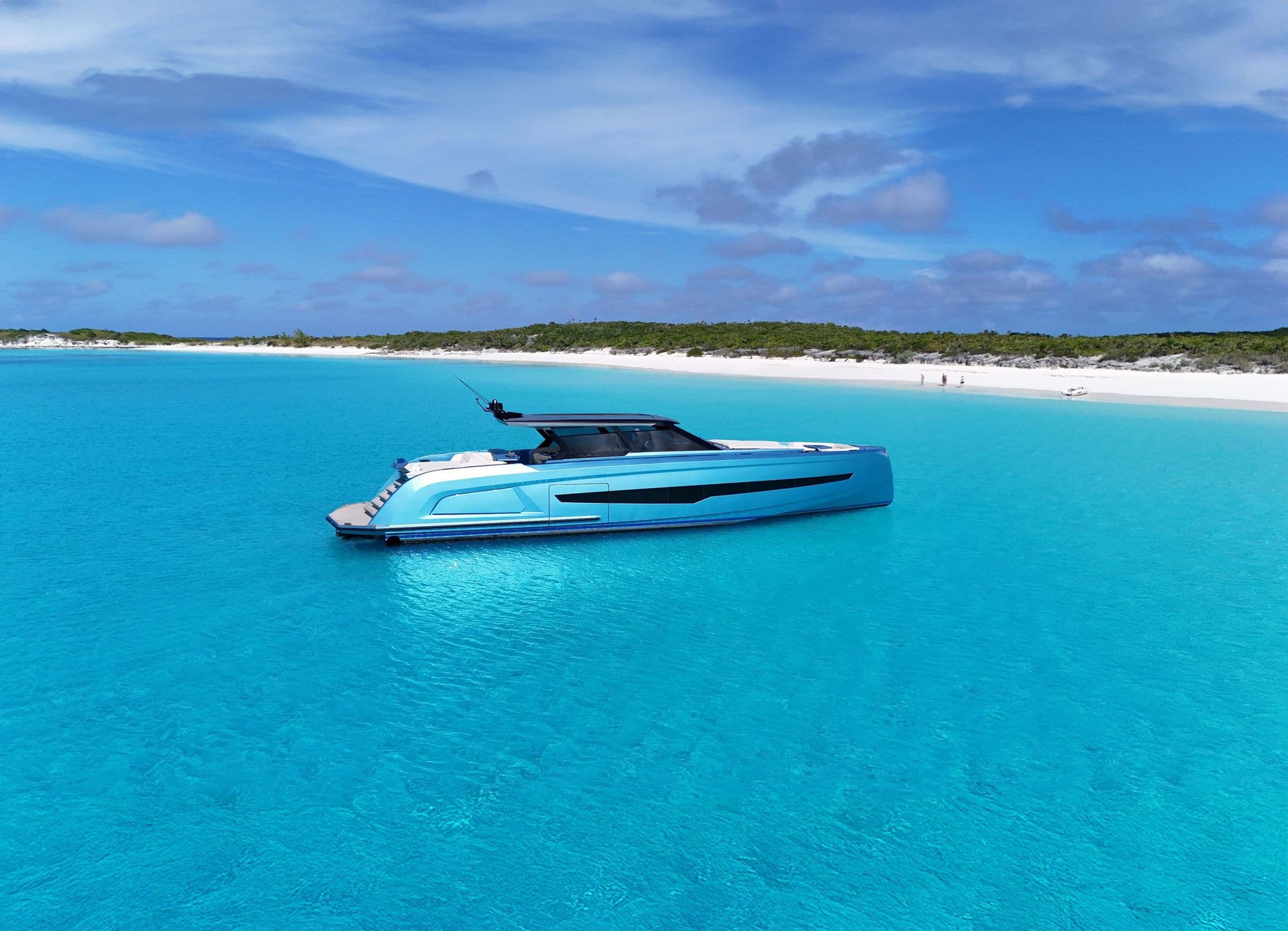 Light blue Vanquish VQ70 at anchor off a white sand beach